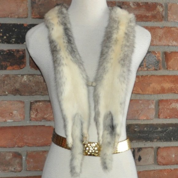 Beautiful Mink Ivory Black Cross Scarf, Neck Wrap Double Sided Paws & Tails 52" - Picture 9 of 11